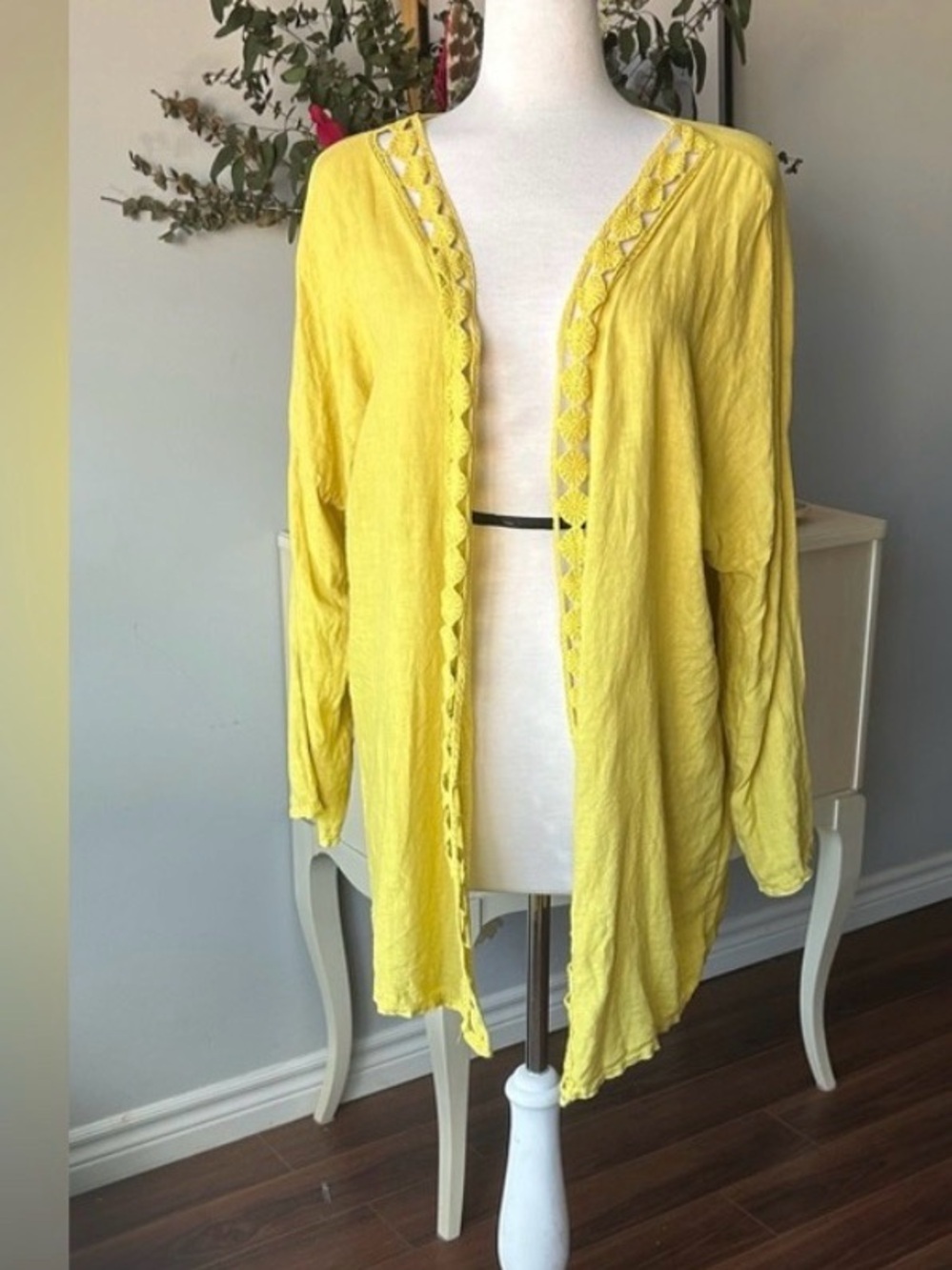 Yellow Linen Open Front Cardigan Crochet Trim - Large
